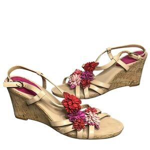 Tahari Favor Wedge Sandal Womens 9M Beige Leather Spring Flowers Strappy